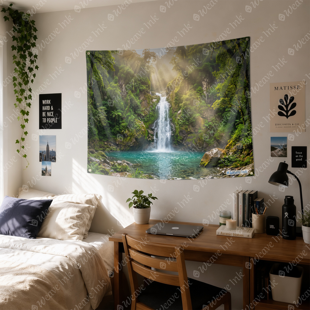 Waterfall Tapestry Wall Hanging Emerald Forest & Turquoise Lagoon Nature Landscape Decor for Bedroom, Living Room & Dorm Room
