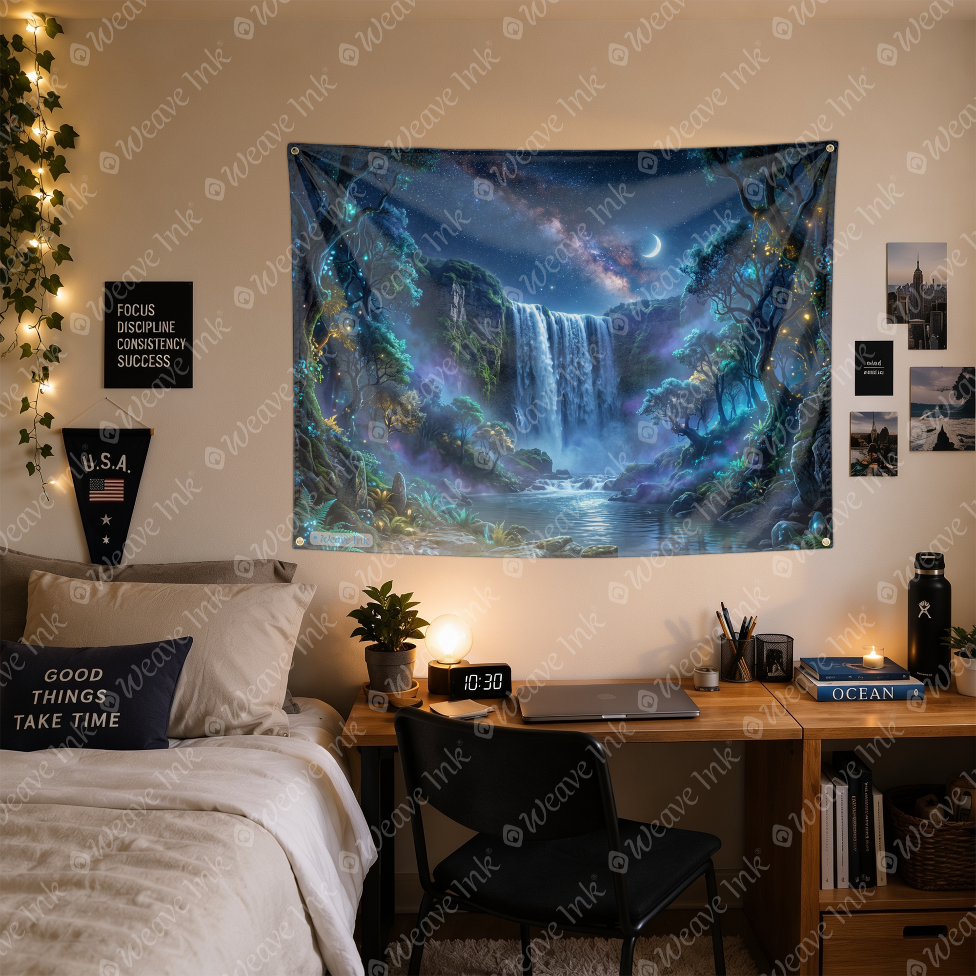 Mystical Moonlit Waterfall Tapestry Wall Hanging Fantasy Night Sky Nature Wall Decor for Bedroom, Gaming Room & Dorm Decor