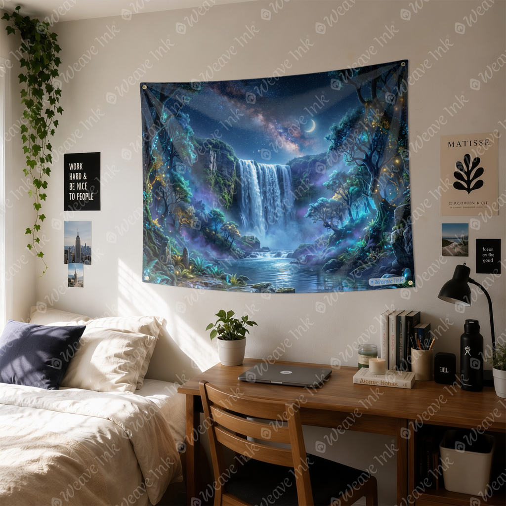 Mystical Moonlit Waterfall Tapestry Wall Hanging Fantasy Night Sky Nature Wall Decor for Bedroom, Gaming Room & Dorm Decor