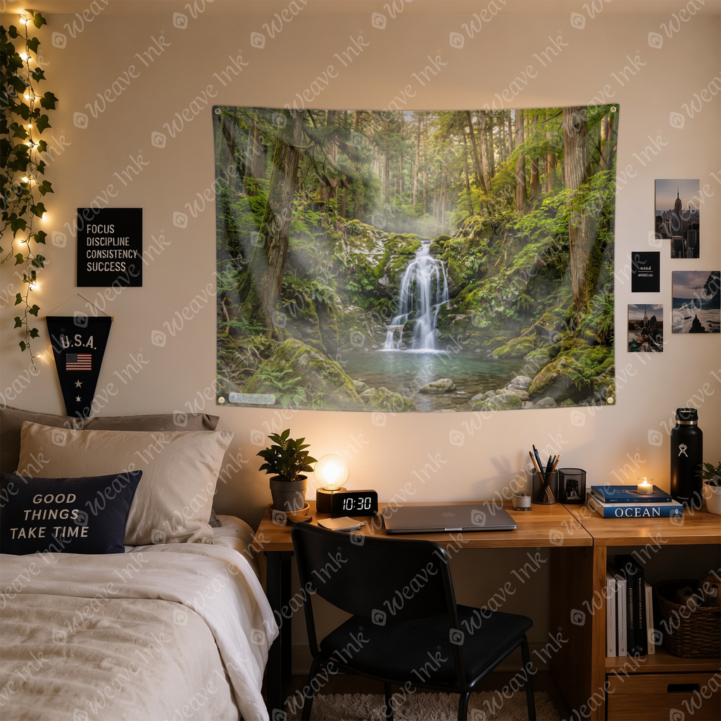 Japanese Zen Waterfall Tapestry Wall Hanging – Serene Forest Nature Wall Decor for Bedroom, Living Room & Meditation Space
