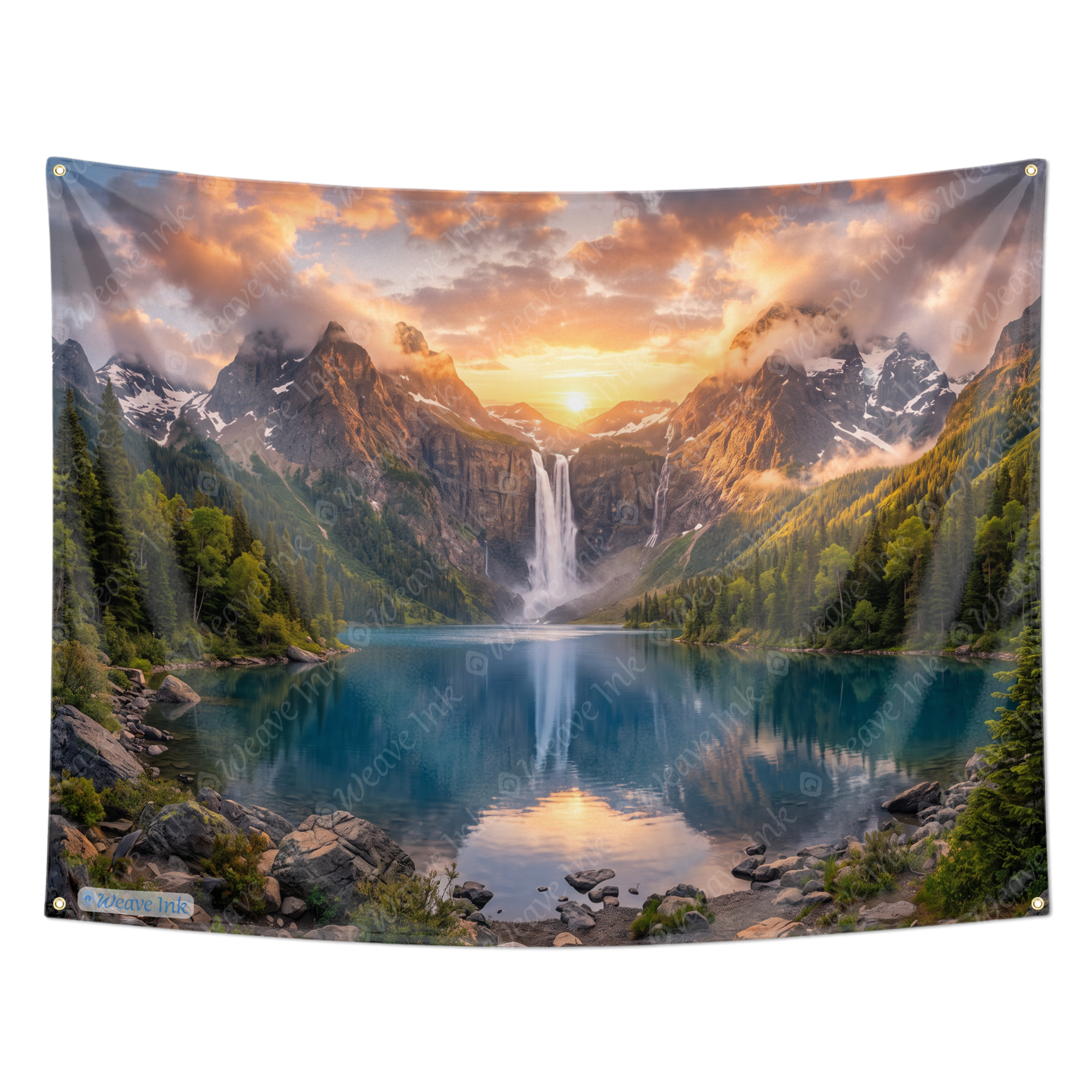 Majestic Mountain Waterfall Tapestry Wall Hanging – Sunset Lake Nature Wall Decor for Bedroom, Living Room & Meditation Room