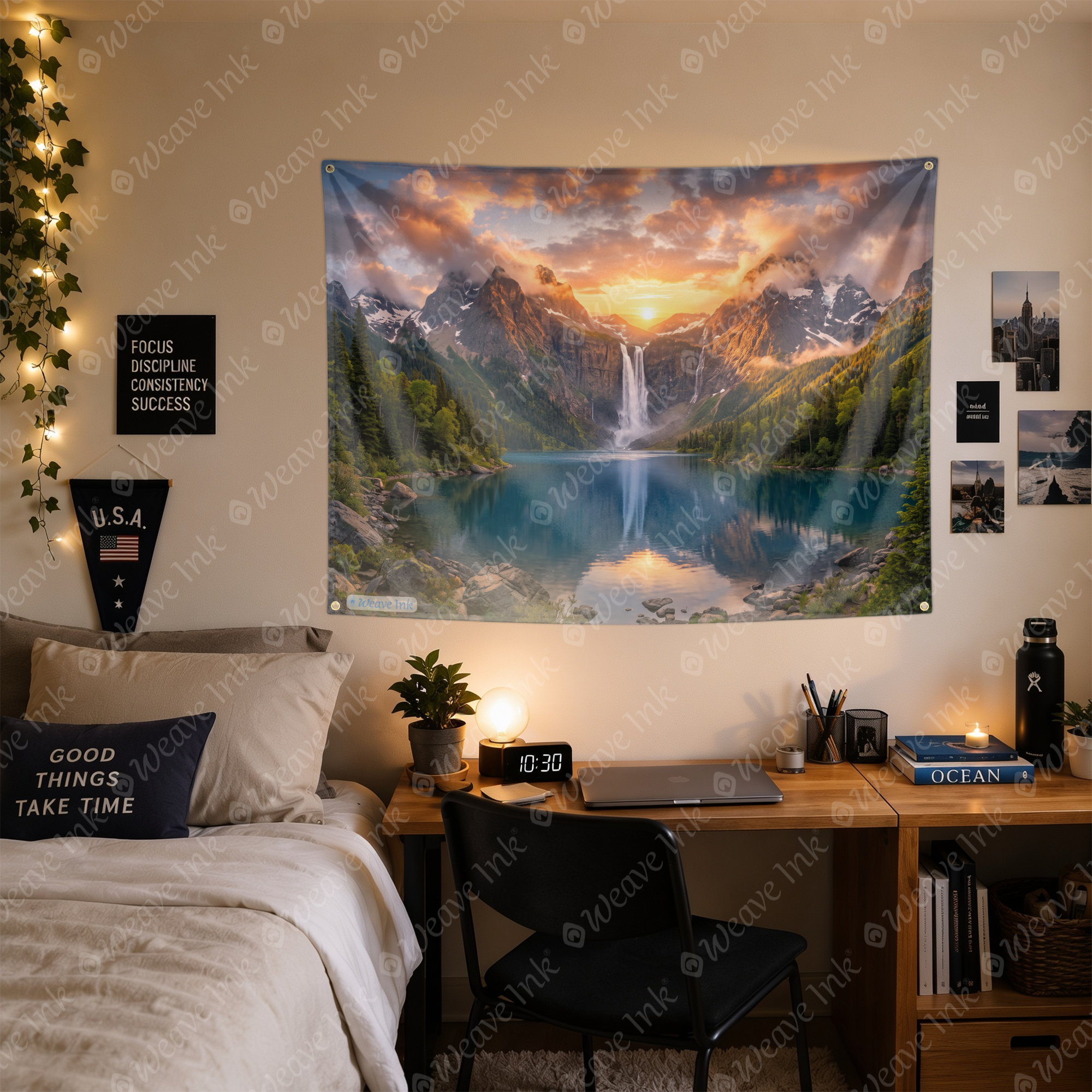 Majestic Mountain Waterfall Tapestry Wall Hanging – Sunset Lake Nature Wall Decor for Bedroom, Living Room & Meditation Room