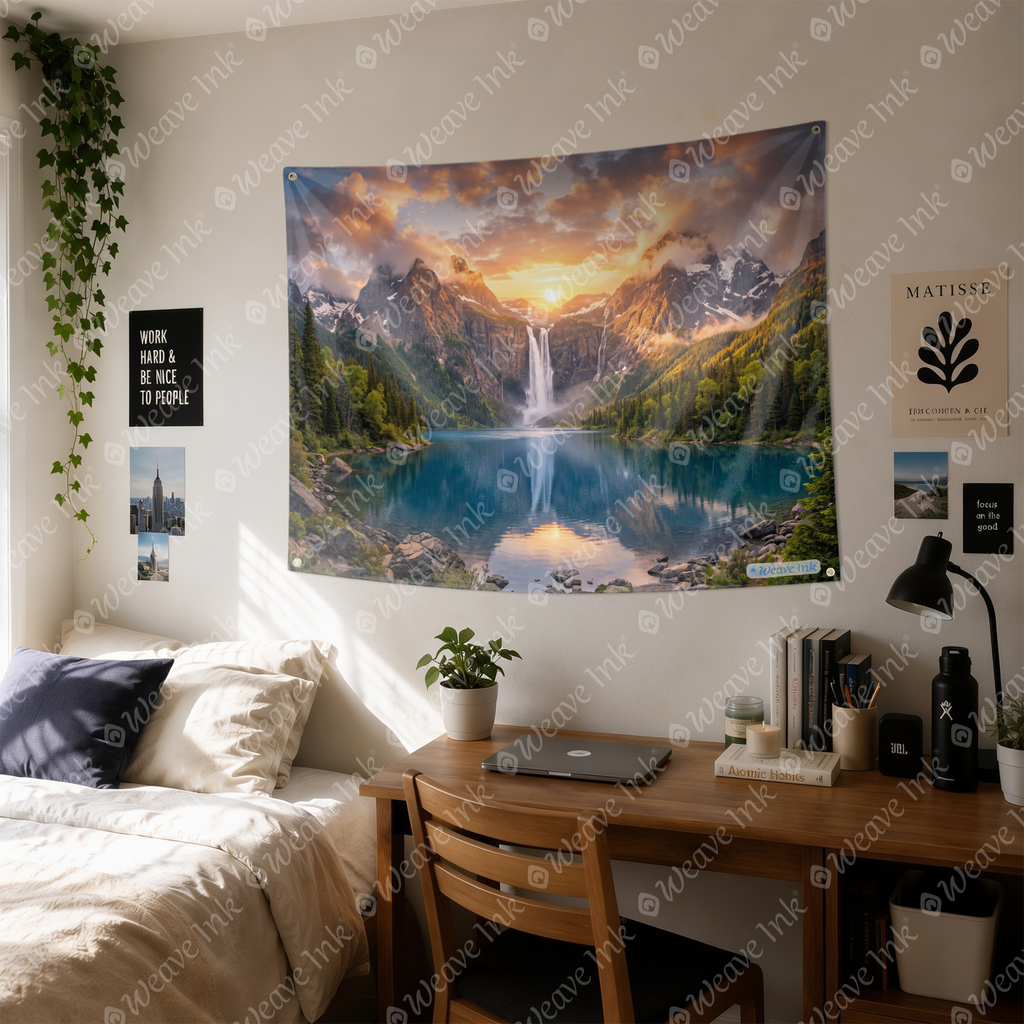 Majestic Mountain Waterfall Tapestry Wall Hanging – Sunset Lake Nature Wall Decor for Bedroom, Living Room & Meditation Room