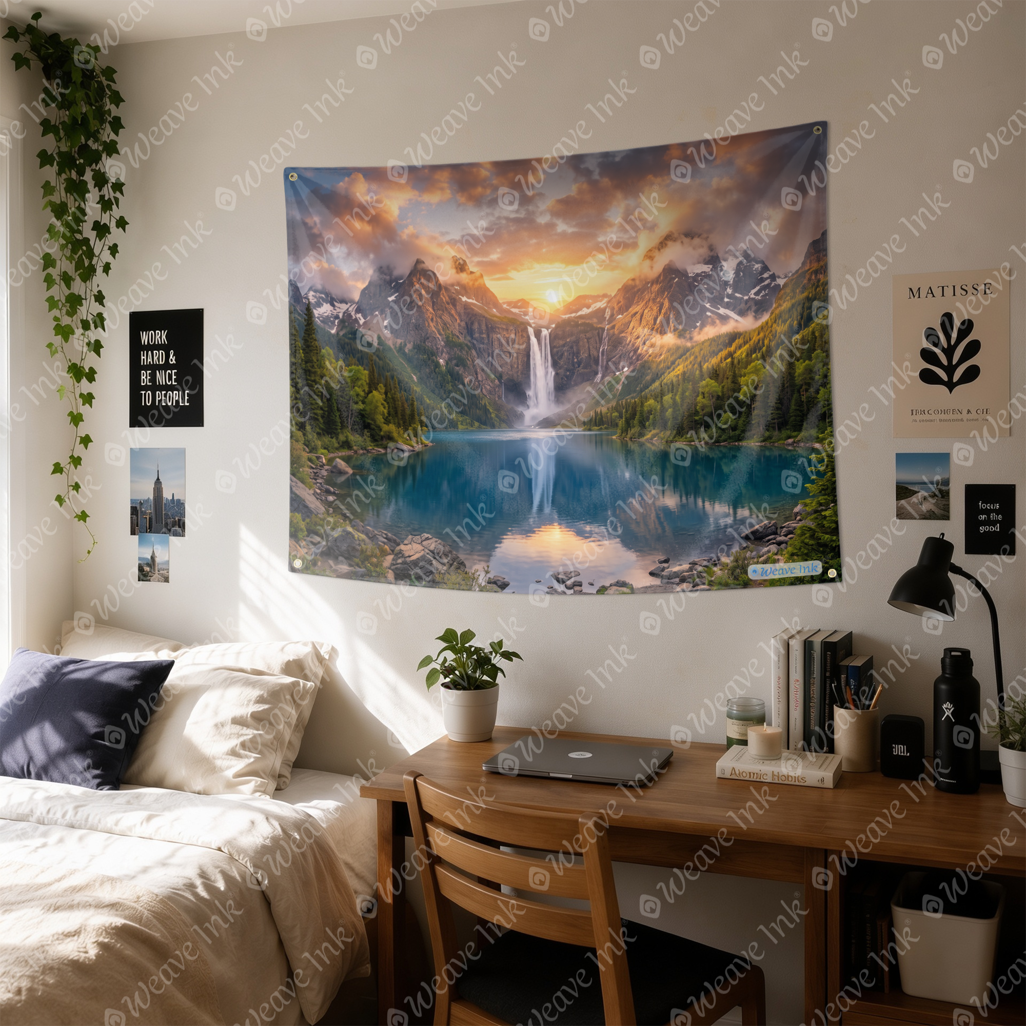Majestic Mountain Waterfall Tapestry Wall Hanging – Sunset Lake Nature Wall Decor for Bedroom, Living Room & Meditation Room