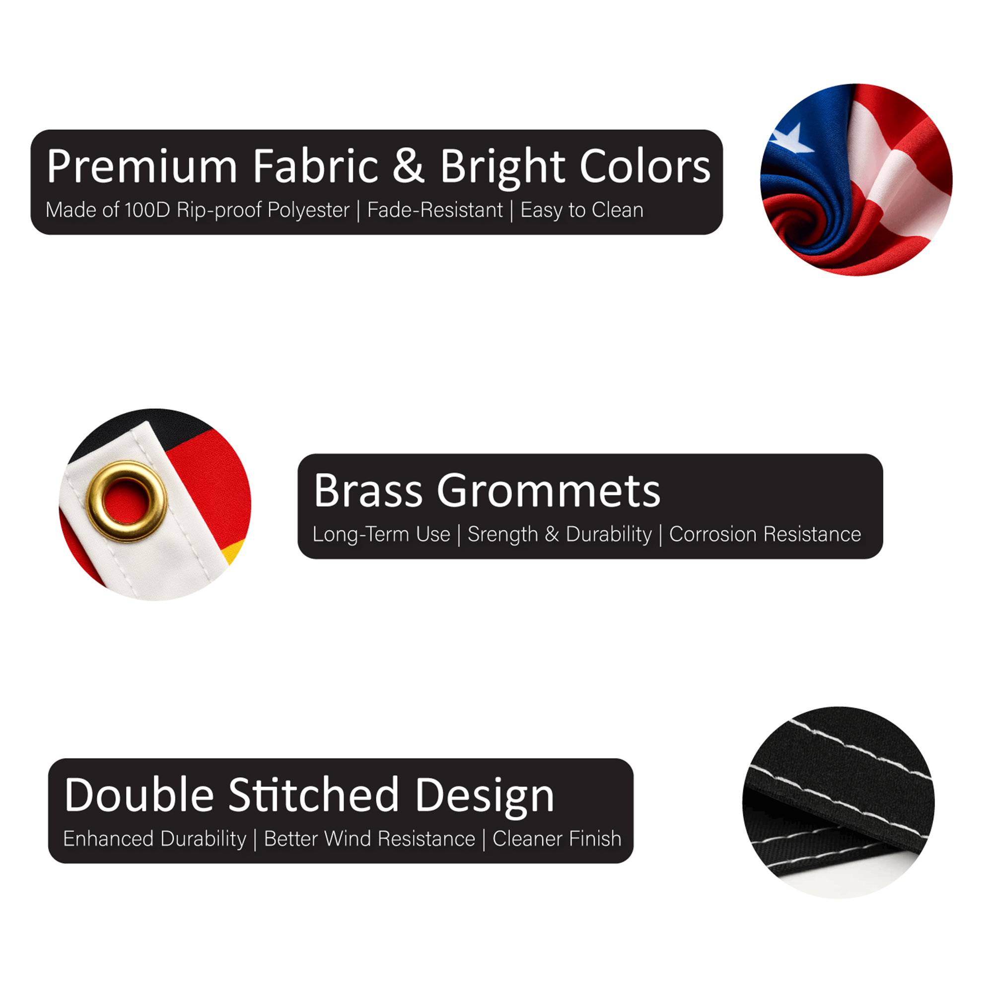 Product features including premium fabric, bright colors, brass grommets, and double-stitched design on a white background.