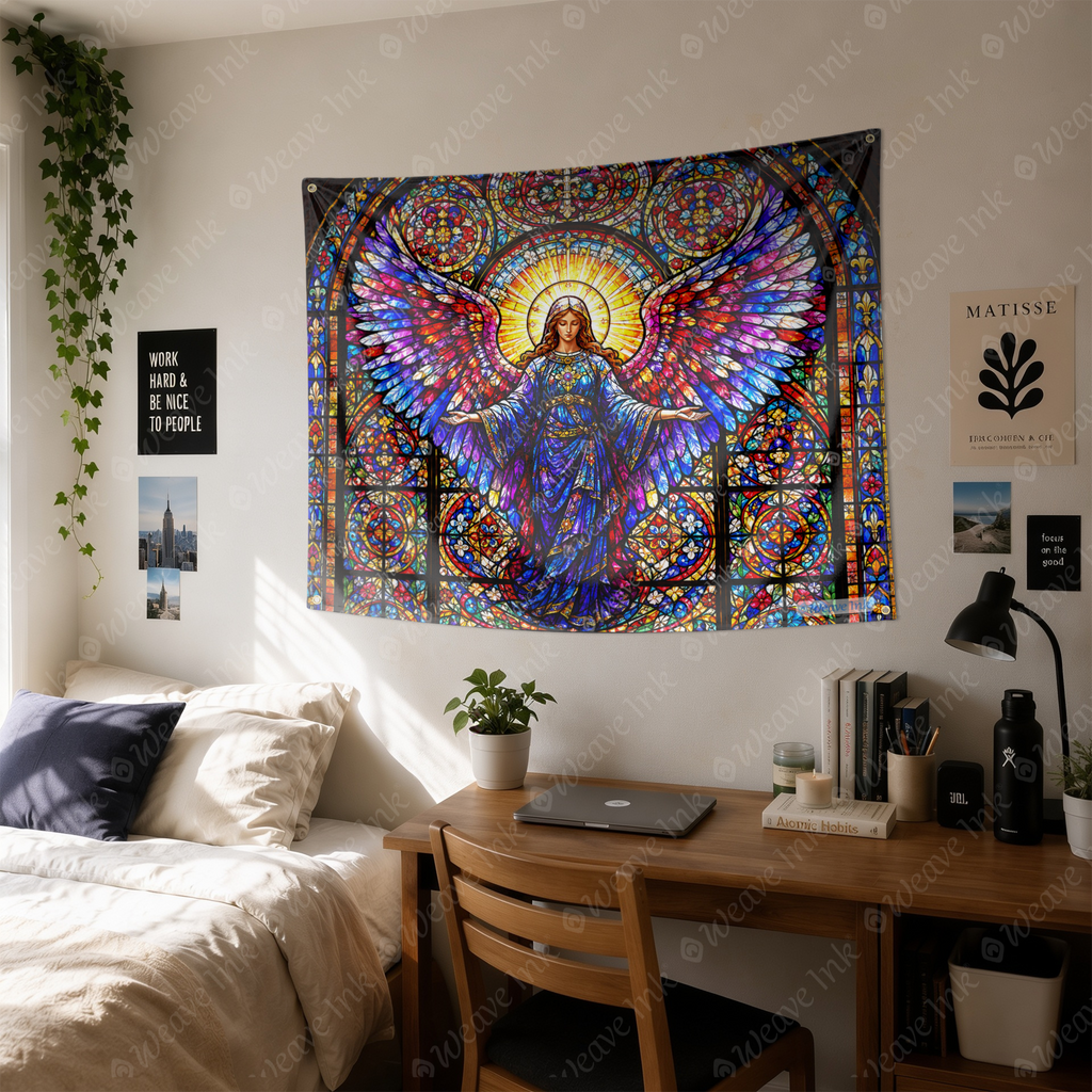 Stained Glass Angel Tapestry Gothic Cathedral Religious Wall Hanging Decor