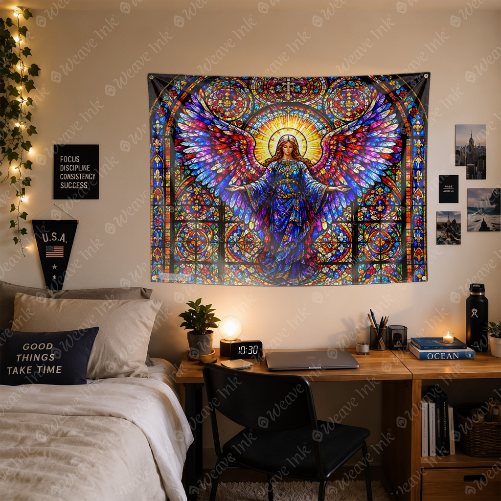 Stained Glass Angel Tapestry Gothic Cathedral Religious Wall Hanging Decor