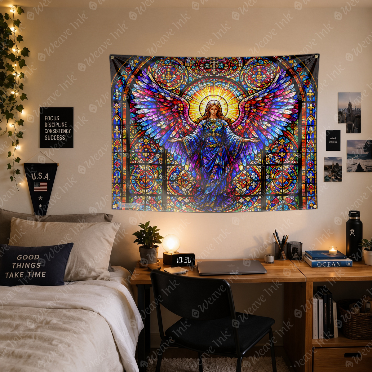 Stained Glass Angel Tapestry Gothic Cathedral Religious Wall Hanging Decor