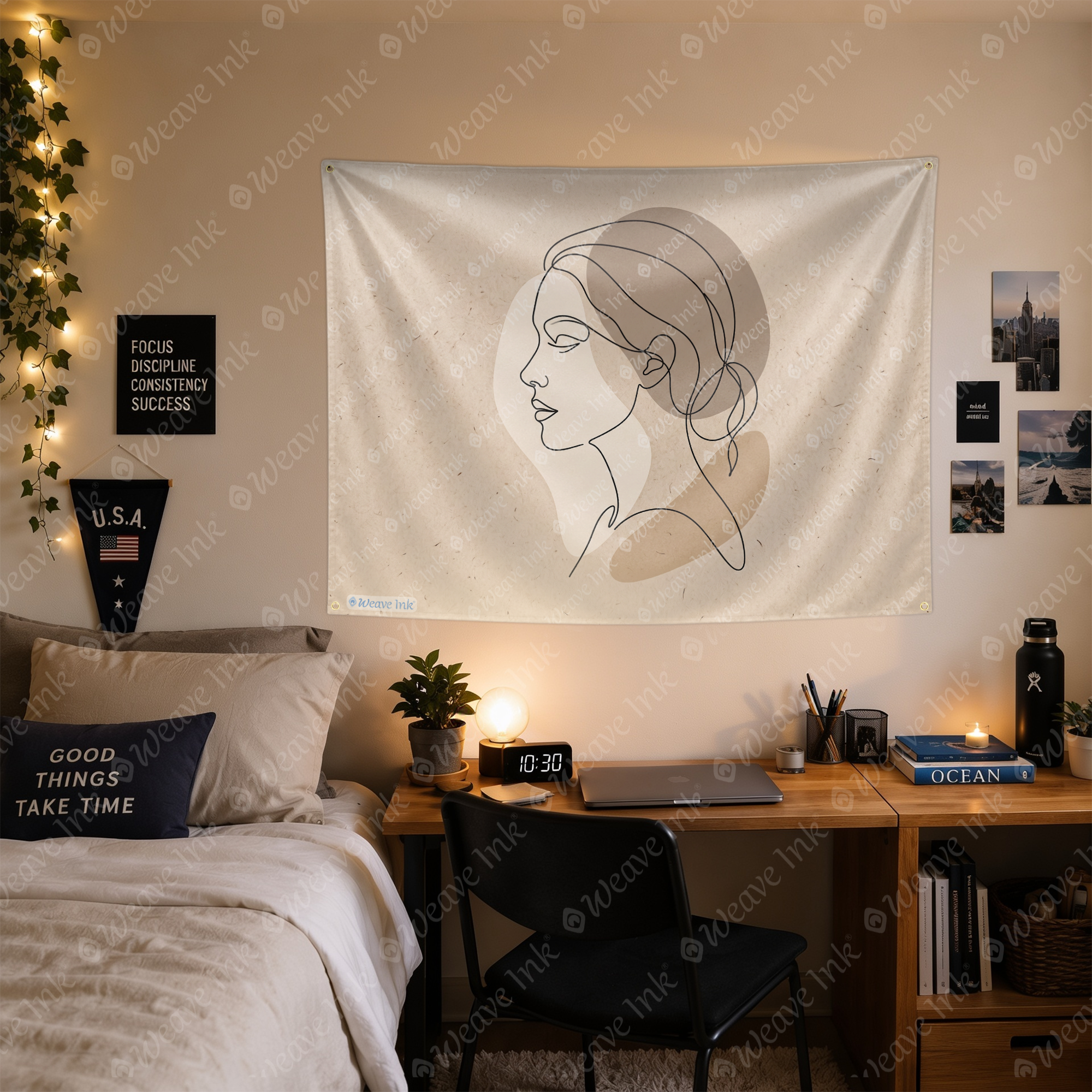 Minimalist Neutral Line Art Woman Tapestry Wall Hanging – Modern Boho Scandinavian Wall Decor for Bedroom, Living Room & Dorm Room