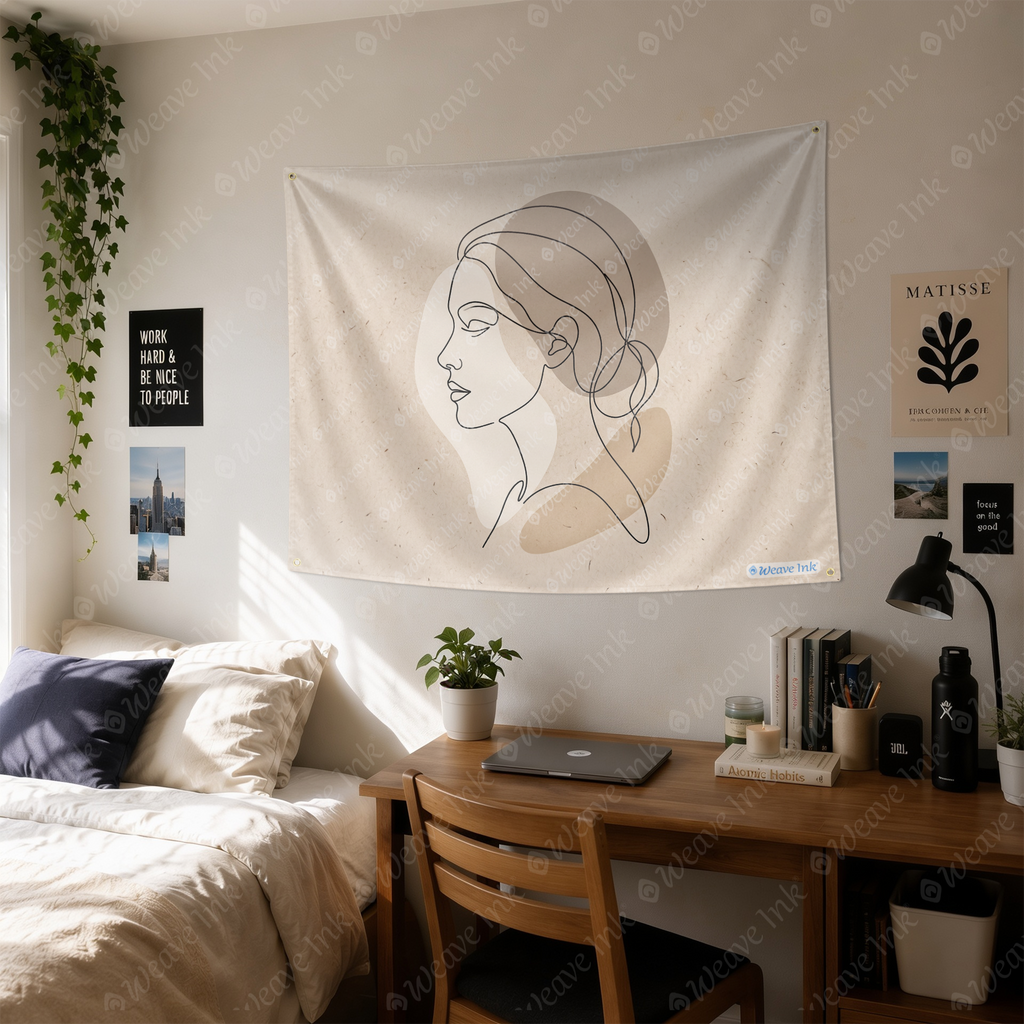 Minimalist Neutral Line Art Woman Tapestry Wall Hanging – Modern Boho Scandinavian Wall Decor for Bedroom, Living Room & Dorm Room