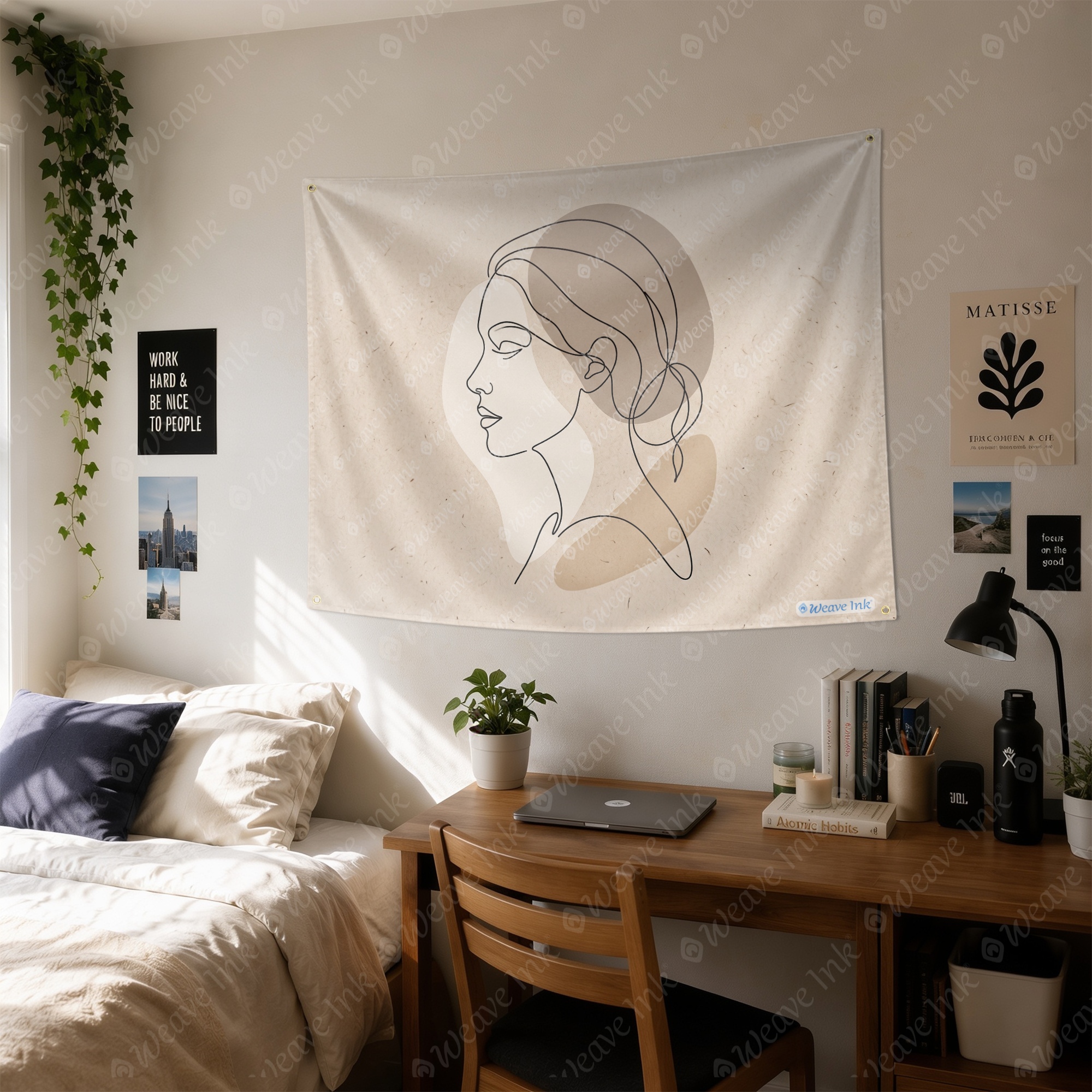 Minimalist Neutral Line Art Woman Tapestry Wall Hanging – Modern Boho Scandinavian Wall Decor for Bedroom, Living Room & Dorm Room