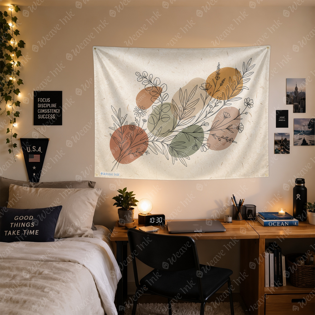 Minimalist Botanical Line Art Tapestry Wall Hanging – Neutral Boho Scandinavian Wall Decor for Bedroom, Living Room & Dorm Room