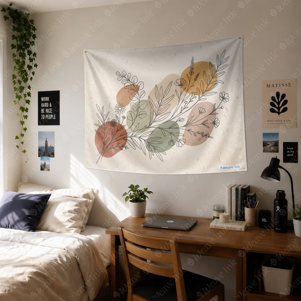 Minimalist Botanical Line Art Tapestry Wall Hanging – Neutral Boho Scandinavian Wall Decor for Bedroom, Living Room & Dorm Room