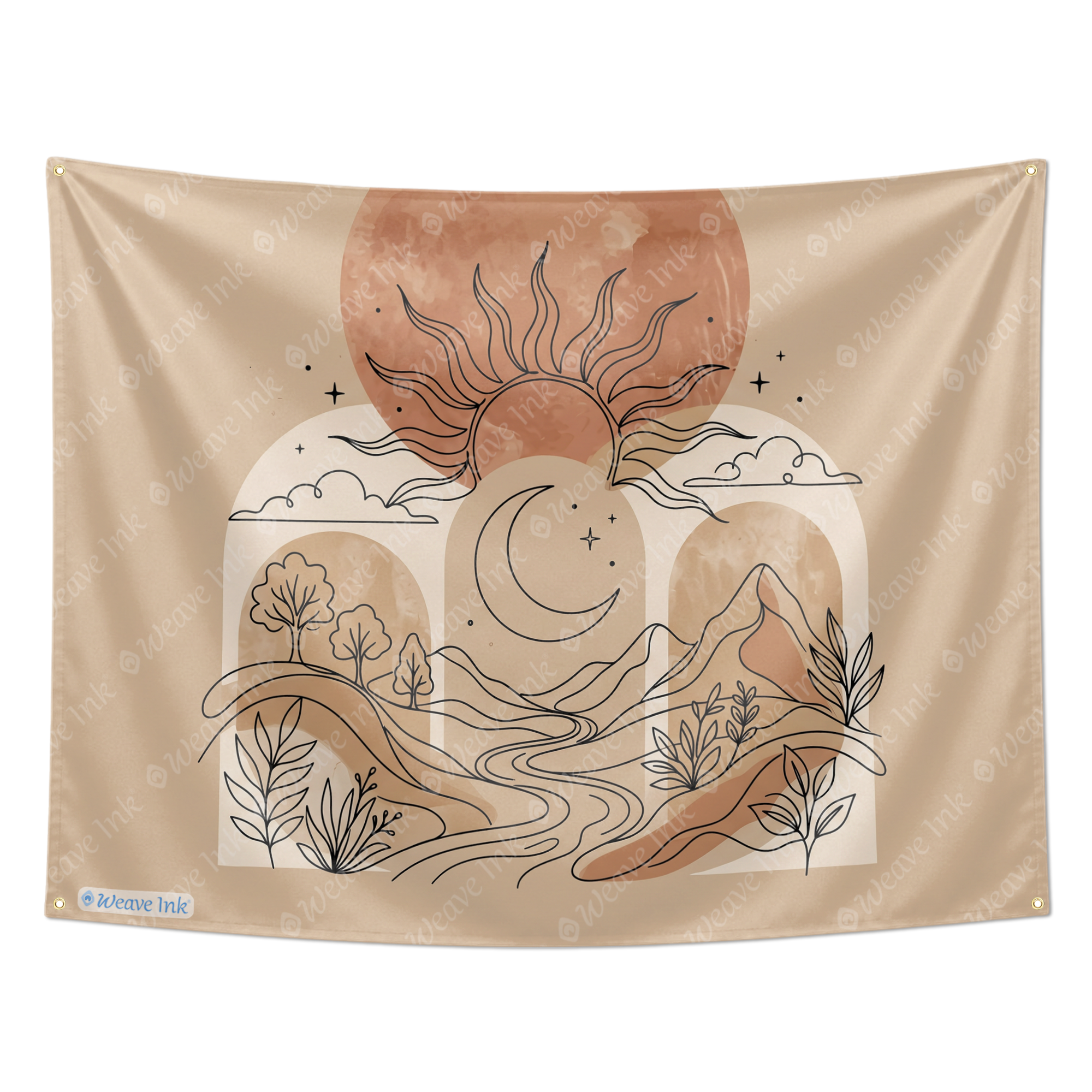 Minimalist Sun & Moon Line Art Tapestry Wall Hanging – Neutral Boho Scandinavian Wall Decor for Bedroom, Living Room & Dorm Room