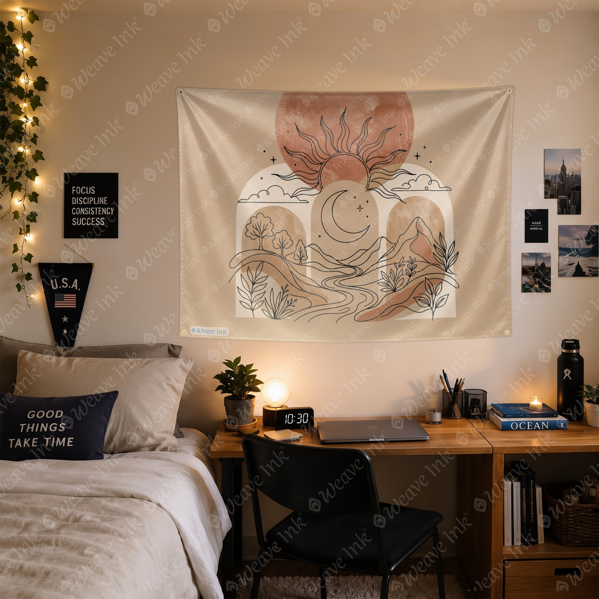 Minimalist Sun & Moon Line Art Tapestry Wall Hanging – Neutral Boho Scandinavian Wall Decor for Bedroom, Living Room & Dorm Room