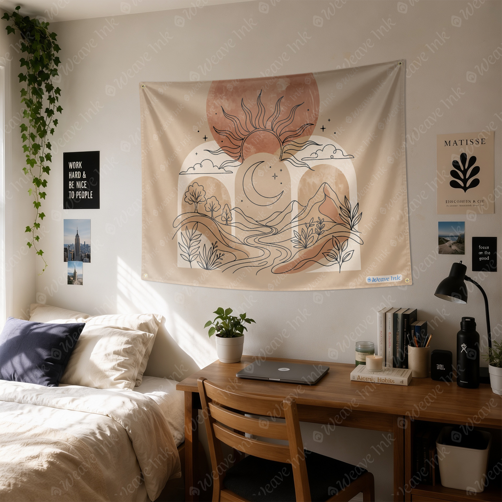 Minimalist Sun & Moon Line Art Tapestry Wall Hanging – Neutral Boho Scandinavian Wall Decor for Bedroom, Living Room & Dorm Room