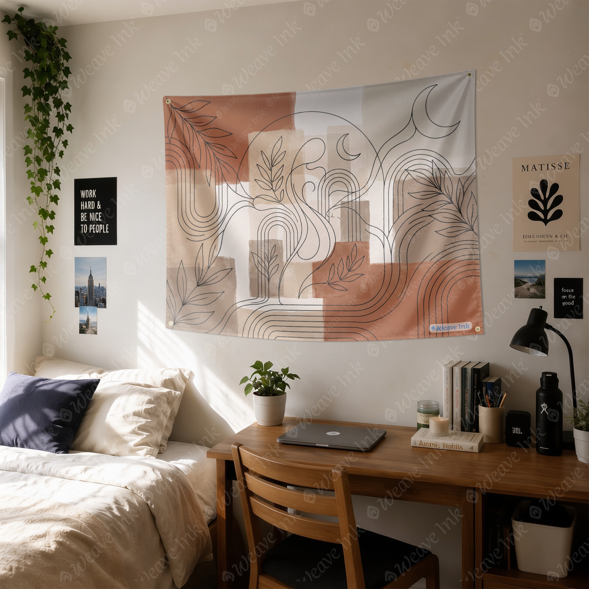 Minimalist Abstract Line Art Tapestry Wall Hanging – Neutral Boho Scandinavian Wall Decor for Bedroom, Living Room & Dorm Room