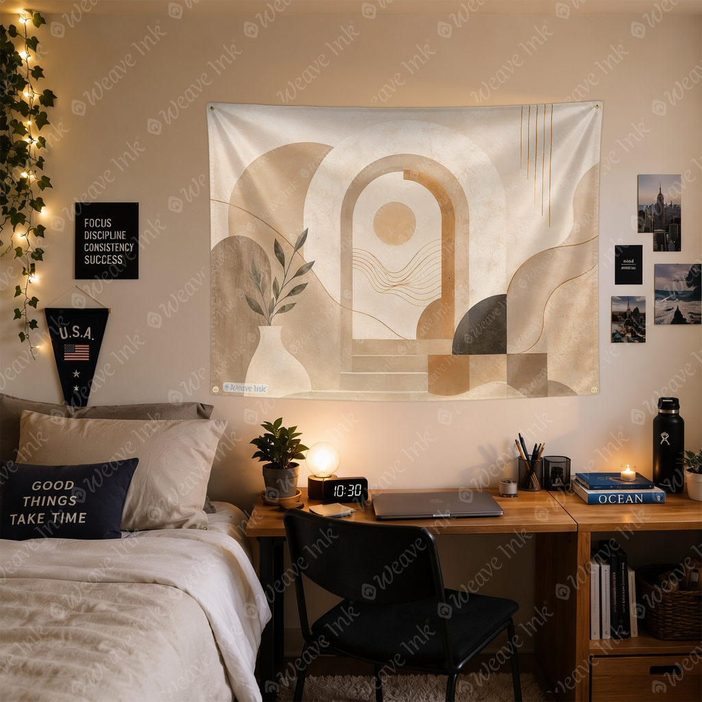 Minimalist Abstract Arch Tapestry Wall Hanging – Neutral Boho Scandinavian Wall Decor for Bedroom, Living Room & Dorm Room