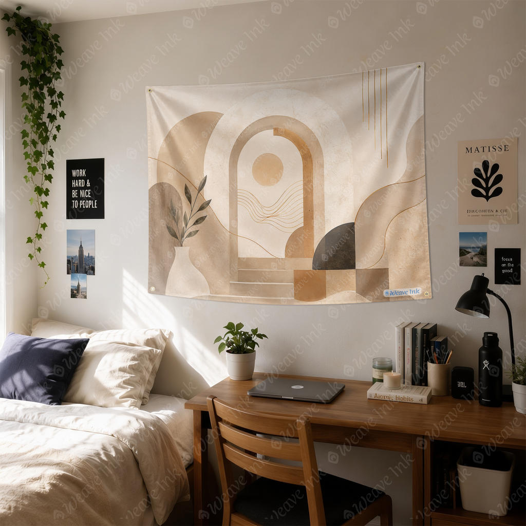 Minimalist Abstract Arch Tapestry Wall Hanging – Neutral Boho Scandinavian Wall Decor for Bedroom, Living Room & Dorm Room