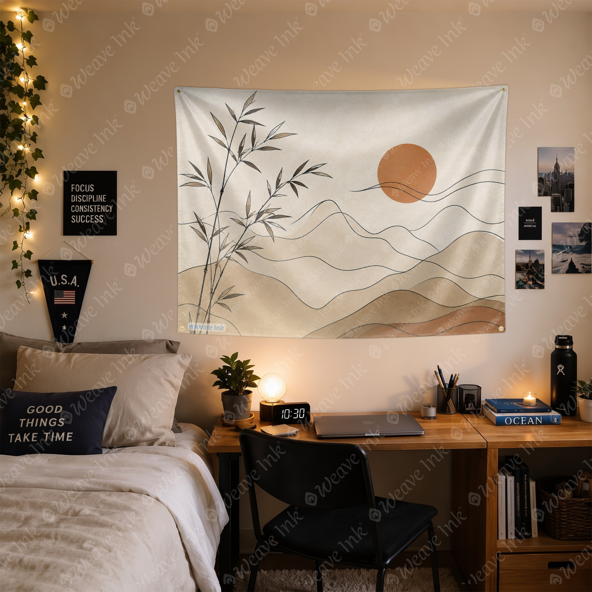 Japandi Bamboo Line Art Tapestry Wall Hanging – Minimalist Neutral Scandinavian Wall Decor for Bedroom, Living Room & Dorm Room