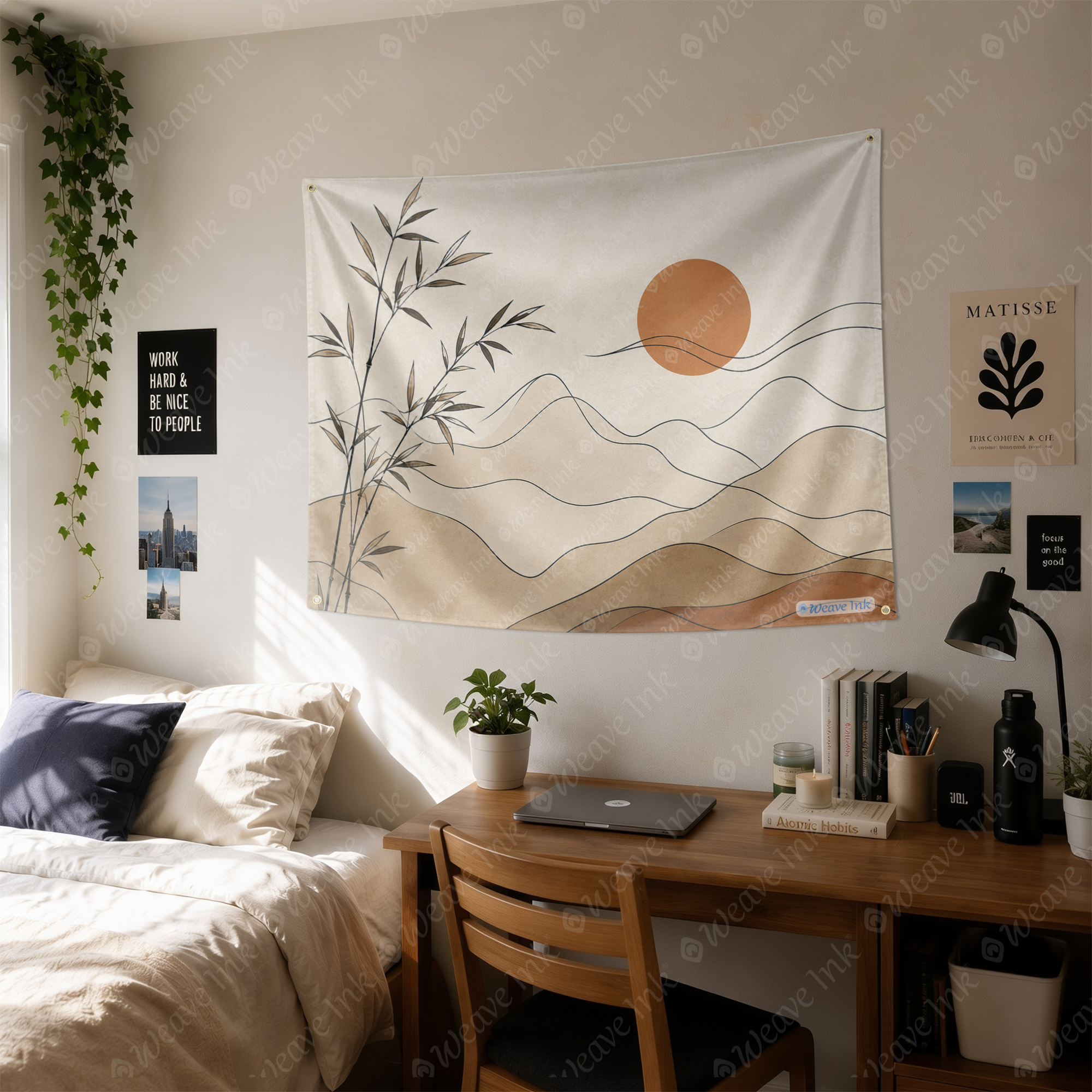 Japandi Bamboo Line Art Tapestry Wall Hanging – Minimalist Neutral Scandinavian Wall Decor for Bedroom, Living Room & Dorm Room