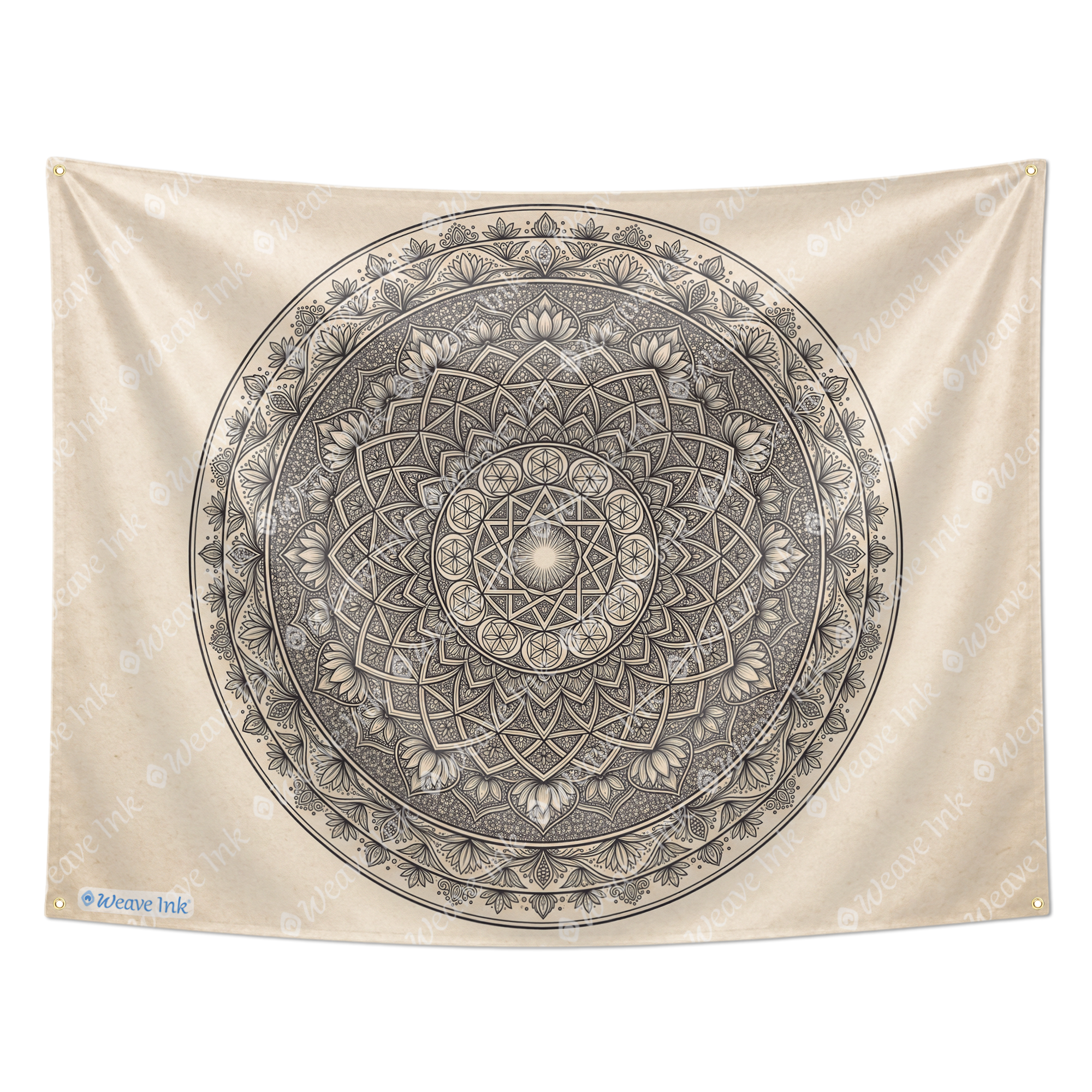 Sacred Geometry Mandala Tapestry, Boho Botanical Wall Hanging, Black Beige Geometric Mandala Tapestry, Neutral Modern Home Decor