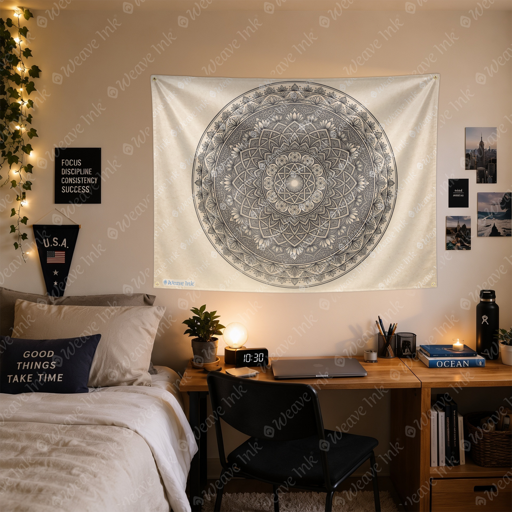 Sacred Geometry Mandala Tapestry, Boho Botanical Wall Hanging, Black Beige Geometric Mandala Tapestry, Neutral Modern Home Decor