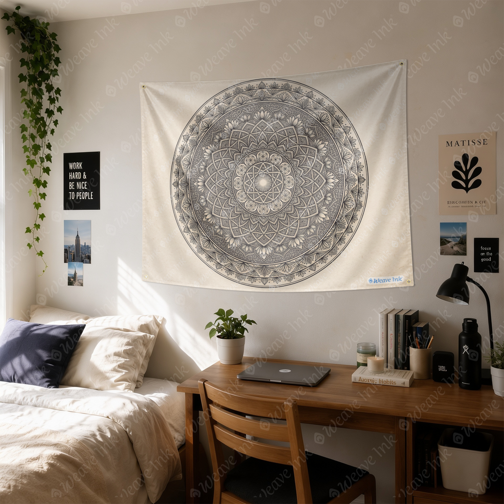 Sacred Geometry Mandala Tapestry, Boho Botanical Wall Hanging, Black Beige Geometric Mandala Tapestry, Neutral Modern Home Decor