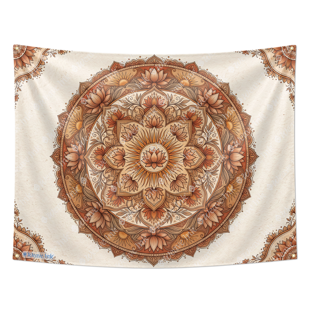 Boho Mandala Tapestry, Lotus Flower Botanical Wall Hanging, Terracotta Beige Earthy Bohemian Home Decor