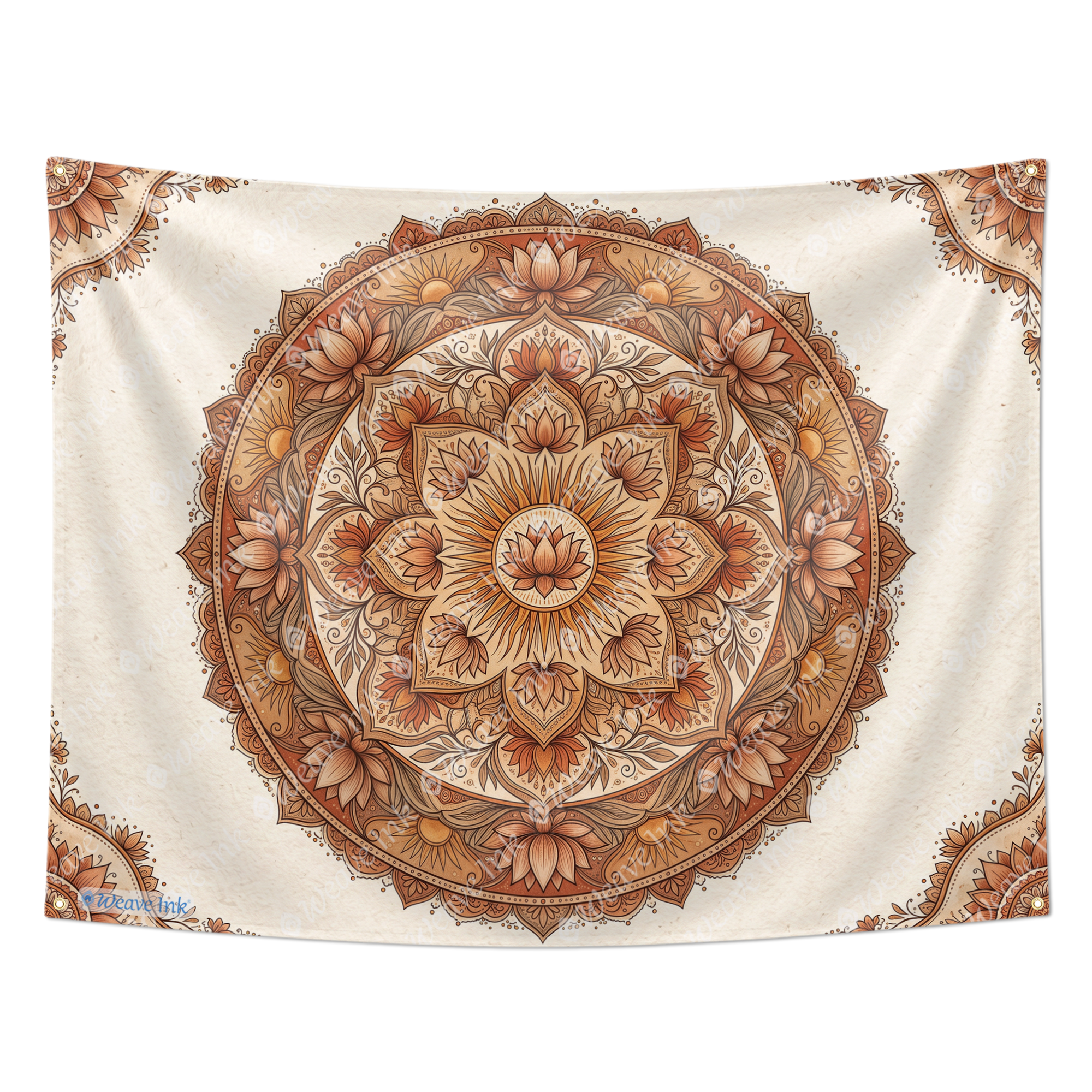 Boho Mandala Tapestry, Lotus Flower Botanical Wall Hanging, Terracotta Beige Earthy Bohemian Home Decor