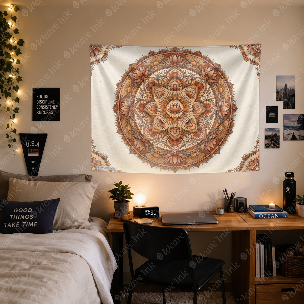 Boho Mandala Tapestry, Lotus Flower Botanical Wall Hanging, Terracotta Beige Earthy Bohemian Home Decor