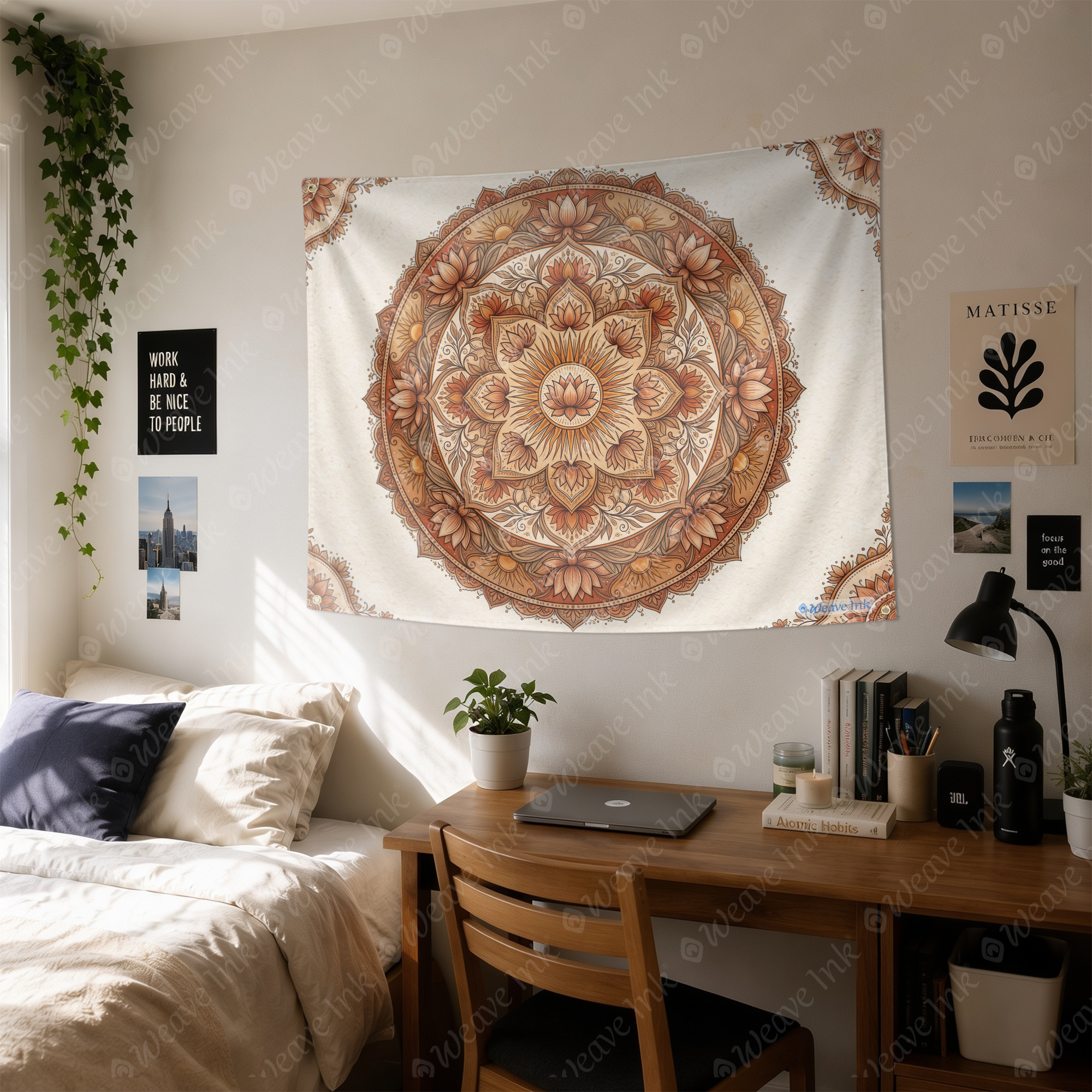 Boho Mandala Tapestry, Lotus Flower Botanical Wall Hanging, Terracotta Beige Earthy Bohemian Home Decor