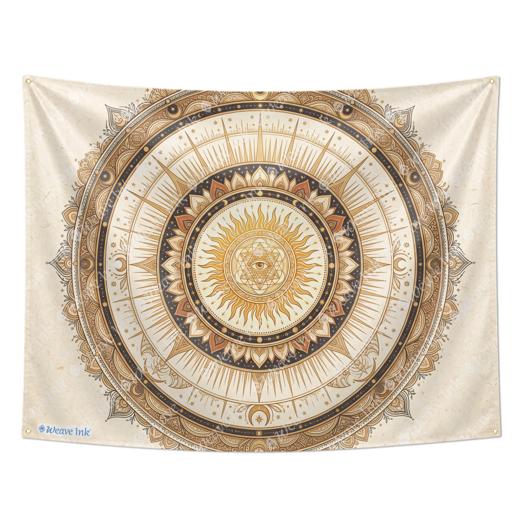 Celestial Sun Mandala Tapestry, Moon and Stars Boho Wall Hanging, Sacred Geometry Cosmic Tapestry, Beige Terracotta Home Decor