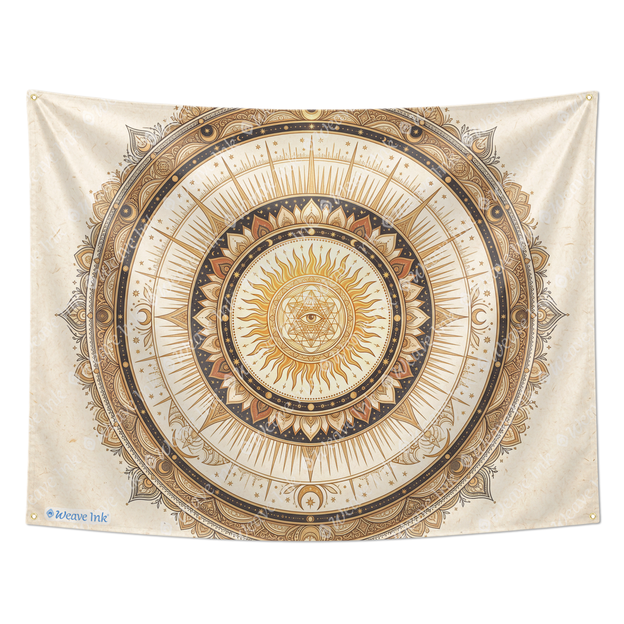 Celestial Sun Mandala Tapestry, Moon and Stars Boho Wall Hanging, Sacred Geometry Cosmic Tapestry, Beige Terracotta Home Decor