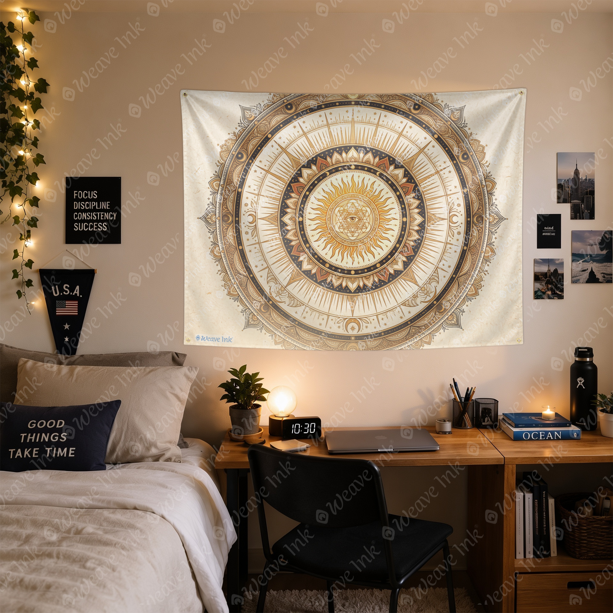 Celestial Sun Mandala Tapestry, Moon and Stars Boho Wall Hanging, Sacred Geometry Cosmic Tapestry, Beige Terracotta Home Decor