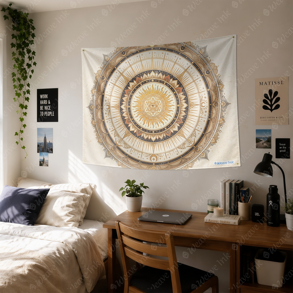 Celestial Sun Mandala Tapestry, Moon and Stars Boho Wall Hanging, Sacred Geometry Cosmic Tapestry, Beige Terracotta Home Decor