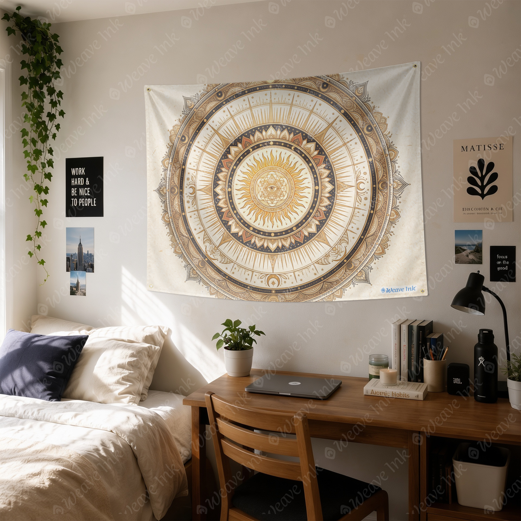 Celestial Sun Mandala Tapestry, Moon and Stars Boho Wall Hanging, Sacred Geometry Cosmic Tapestry, Beige Terracotta Home Decor