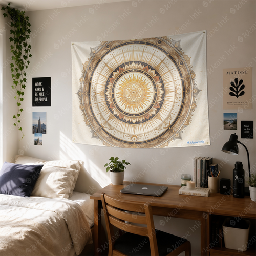 Celestial Sun Mandala Tapestry, Moon and Stars Boho Wall Hanging, Sacred Geometry Cosmic Tapestry, Beige Terracotta Home Decor