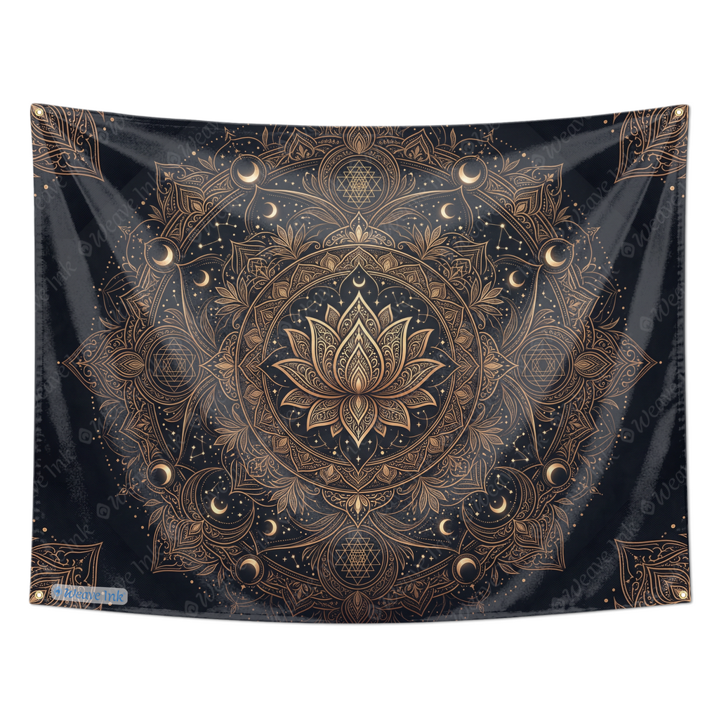 Mystical Mandala Tapestry, Lotus Moon and Stars Boho Wall Hanging, Black Gold Sacred Geometry Spiritual Tapestry Decor