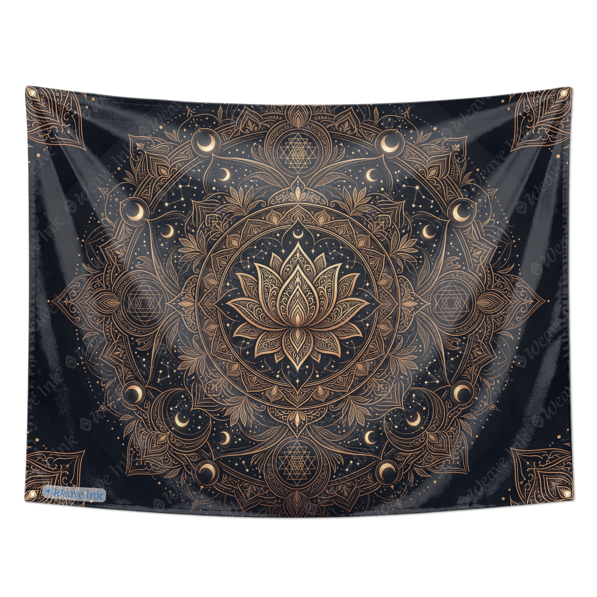 Mystical Mandala Tapestry, Lotus Moon and Stars Boho Wall Hanging, Black Gold Sacred Geometry Spiritual Tapestry Decor