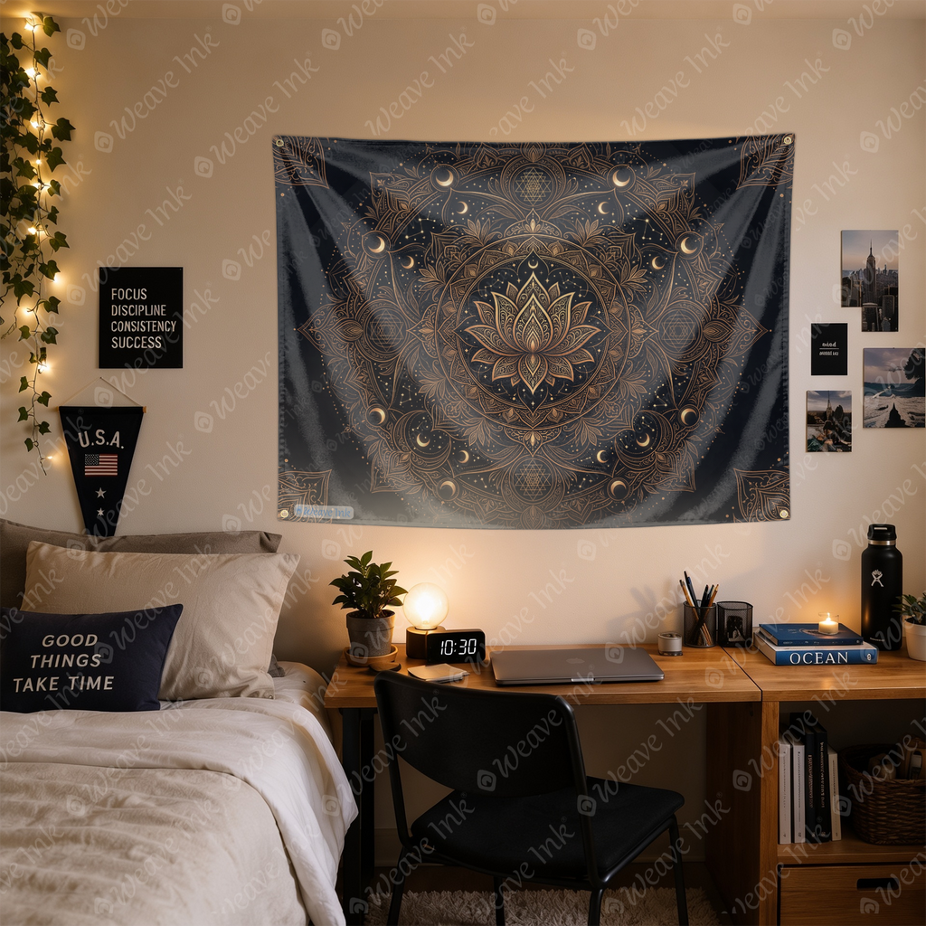 Mystical Mandala Tapestry, Lotus Moon and Stars Boho Wall Hanging, Black Gold Sacred Geometry Spiritual Tapestry Decor