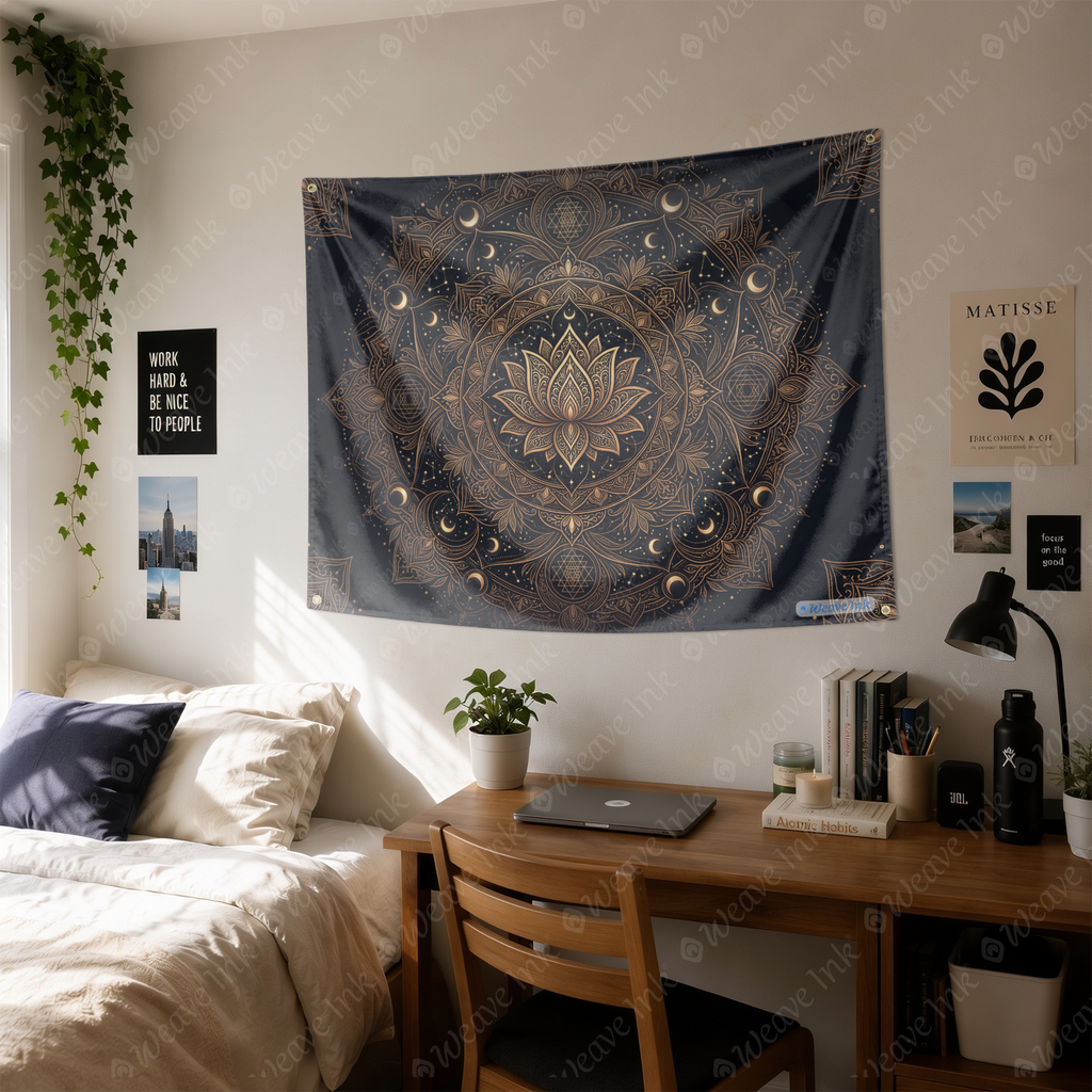 Mystical Mandala Tapestry, Lotus Moon and Stars Boho Wall Hanging, Black Gold Sacred Geometry Spiritual Tapestry Decor