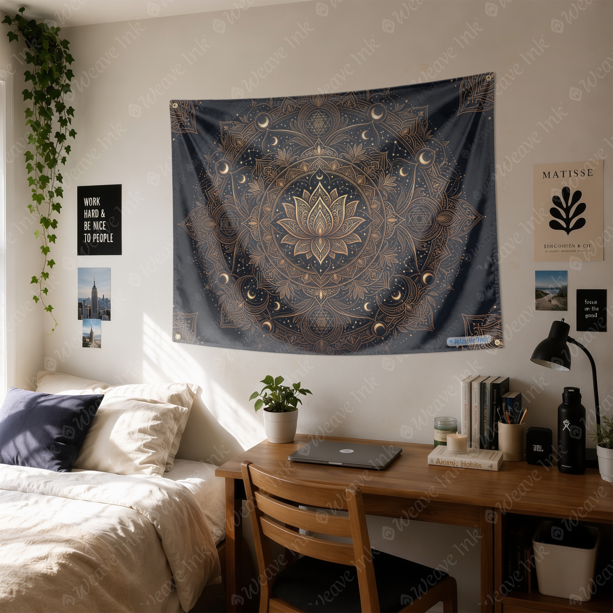 Mystical Mandala Tapestry, Lotus Moon and Stars Boho Wall Hanging, Black Gold Sacred Geometry Spiritual Tapestry Decor