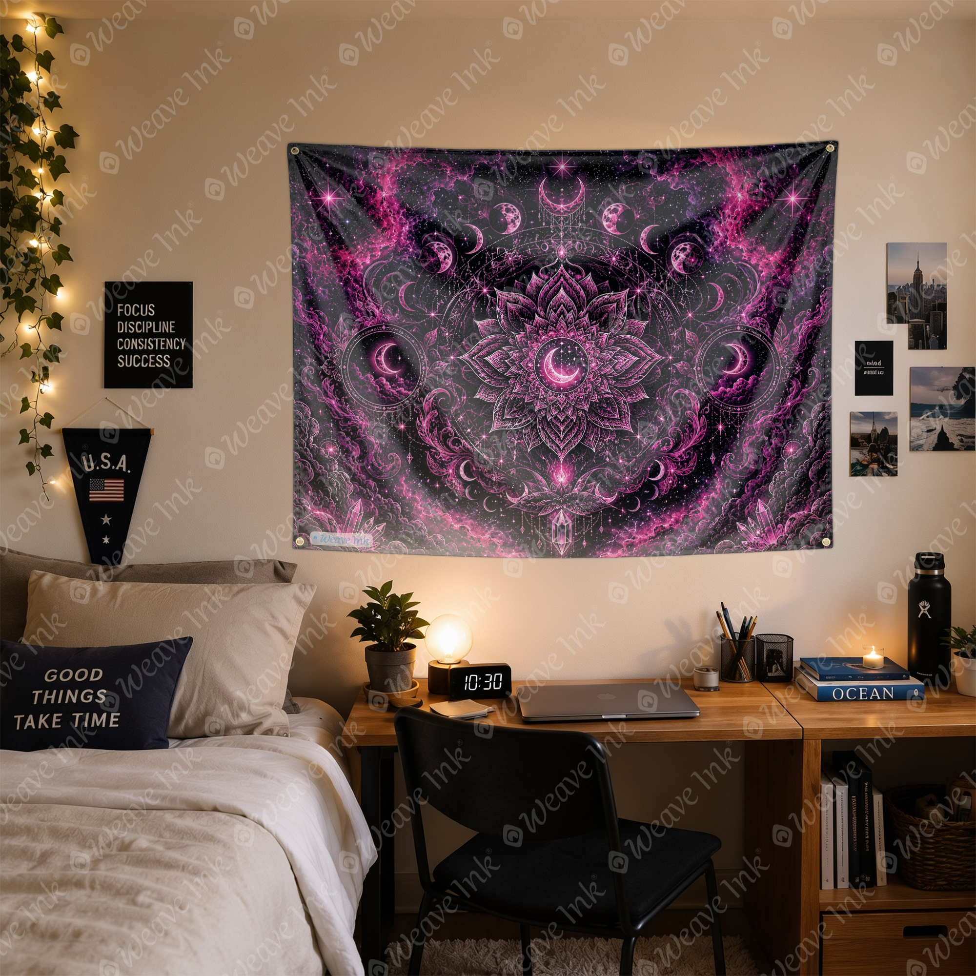Psychedelic Pink Moon Phase Wall Tapestry Cosmic Mandala Galaxy Celestial Boho Room Decor