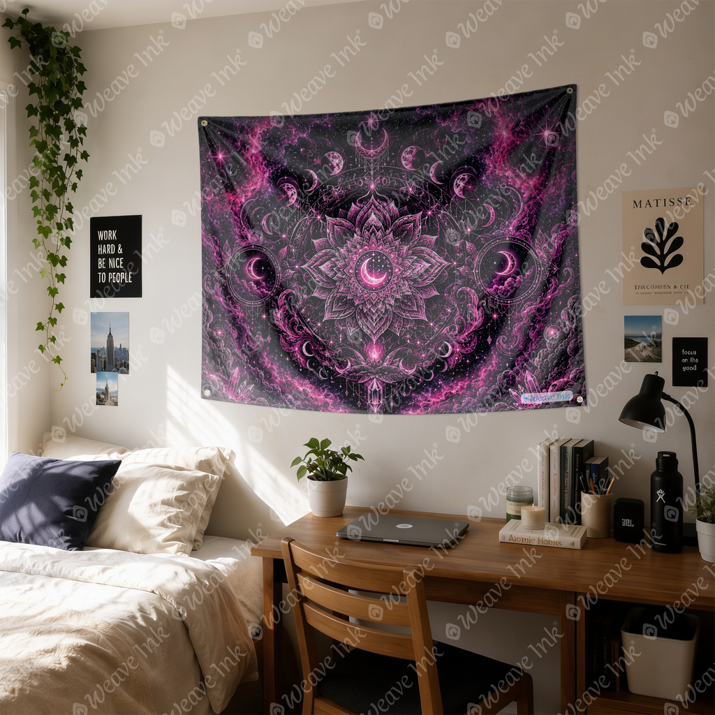Psychedelic Pink Moon Phase Wall Tapestry Cosmic Mandala Galaxy Celestial Boho Room Decor
