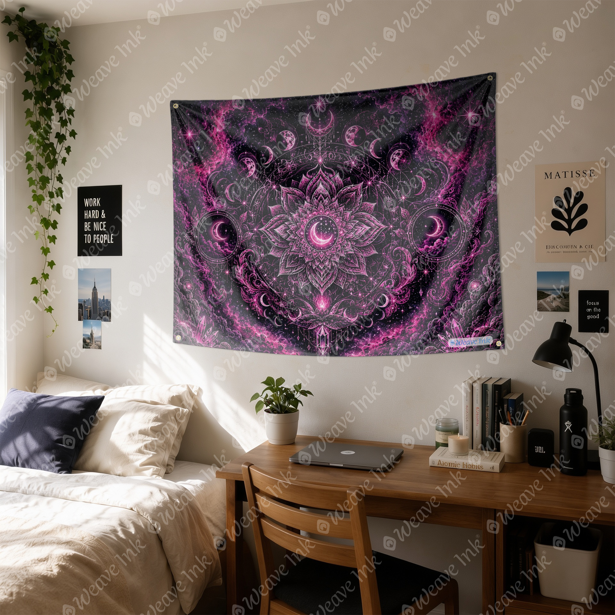 Psychedelic Pink Moon Phase Wall Tapestry Cosmic Mandala Galaxy Celestial Boho Room Decor