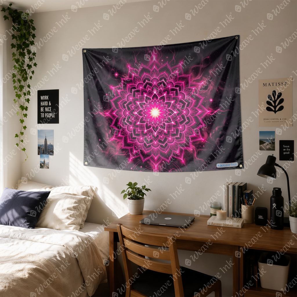 Psychedelic Pink Mandala Wall Tapestry Celestial Cosmic Lotus Art Boho Bedroom Meditation Room Decor