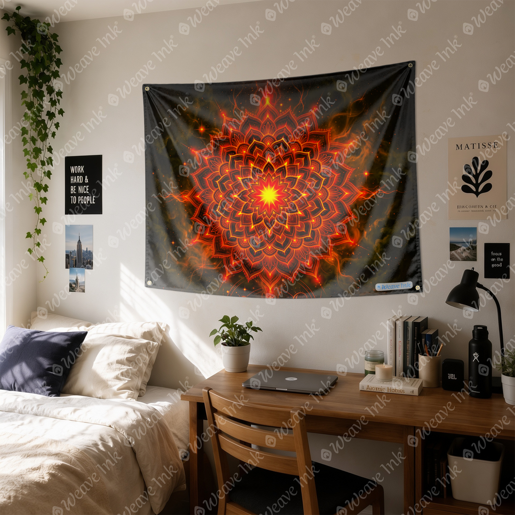 Psychedelic Fire Lotus Mandala Wall Tapestry Celestial Cosmic Sunburst Art for Boho Bedroom, Meditation & Dorm Room Decor