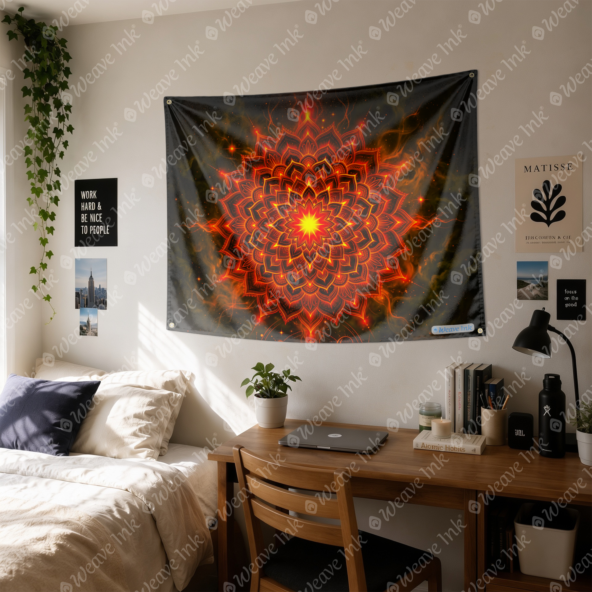 Psychedelic Fire Lotus Mandala Wall Tapestry Celestial Cosmic Sunburst Art for Boho Bedroom, Meditation & Dorm Room Decor
