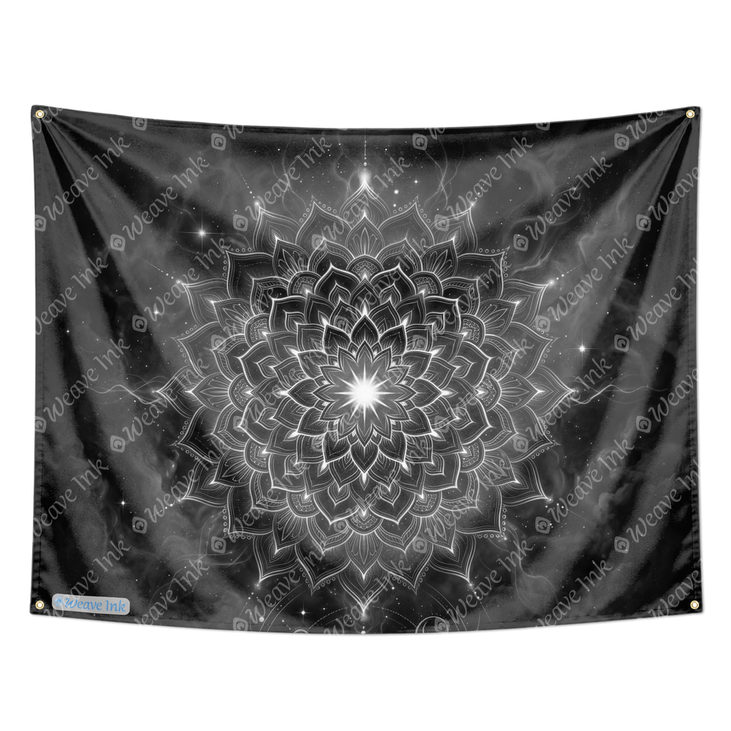 Mystic Monochrome Mandala Wall Tapestry Celestial Cosmic Lotus Art for Boho Bedroom, Meditation, Yoga & Modern Room Decor